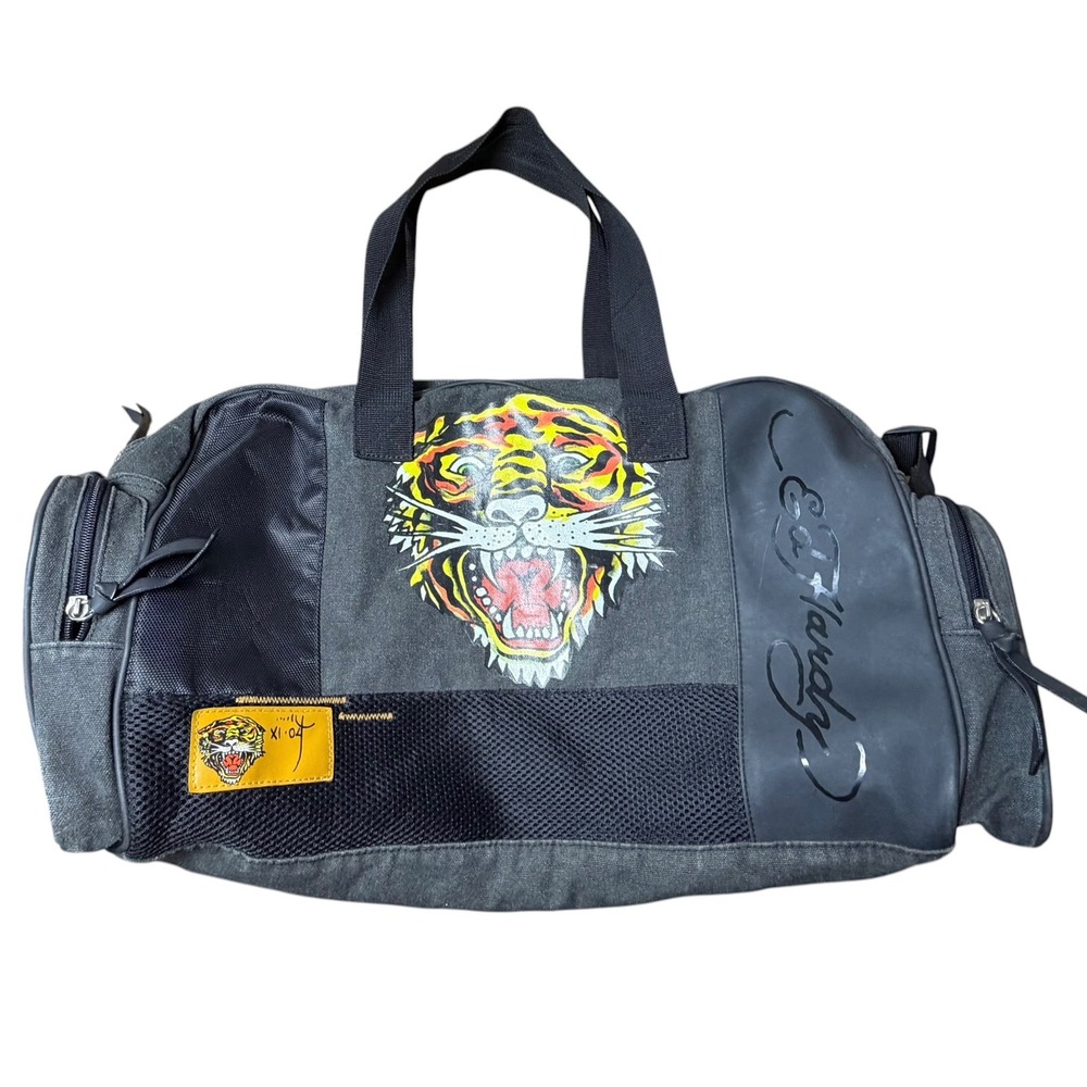 Ed Hardy Tiger Canvas Duffel Bag Gray Tattoo Graphic Travel Gym Weekender Bag